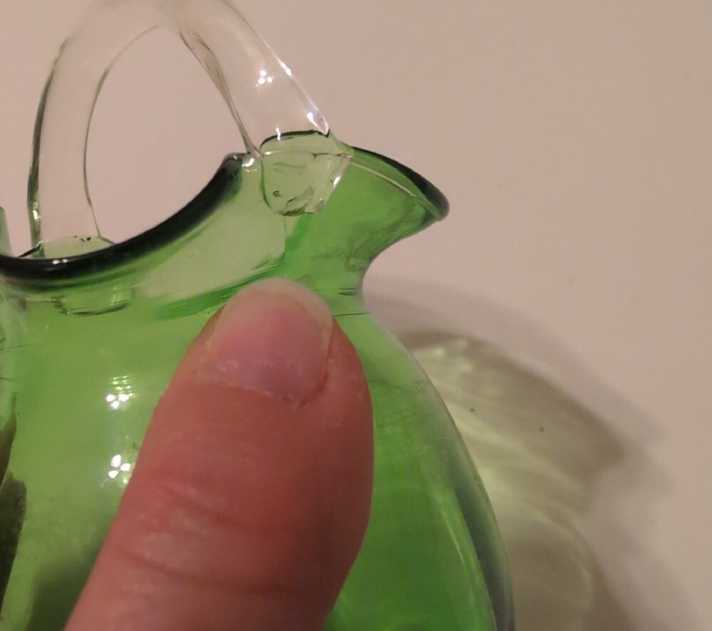 Green Pilgrim Glass Ruffled Rim Pitcher with Clear Handle - Picture 13 of 13
